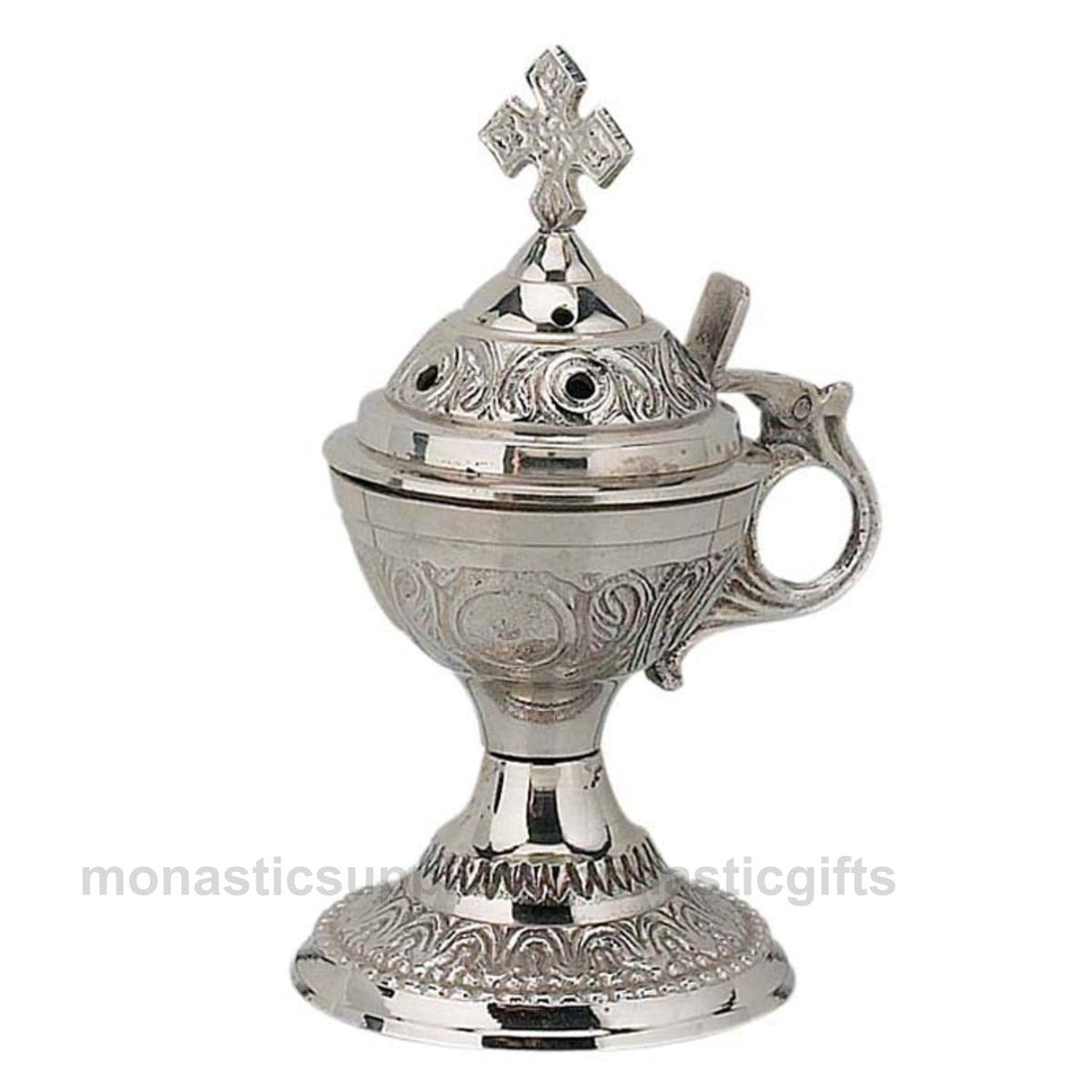 Standing solid brass incense burner censer nickel plated silver tone with Orthodox cross 14cm 5.5 inch