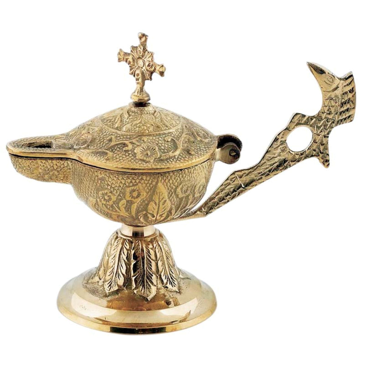 Standing solid brass incense burner censer lamp style with Orthodox cross and eagle handle 14cm 5.5 inch