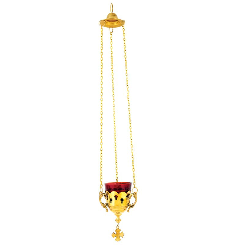 Hanging brass vigil lamp kandili gold plated with cross cutouts hanging cross pendant and red heat resistant glass cup