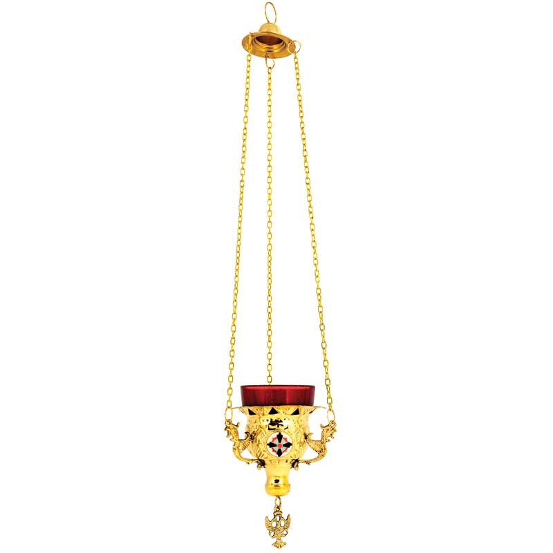 Hanging brass vigil lamp kandili gold plated with enamel cross pendant eagle and red heat resistant glass cup