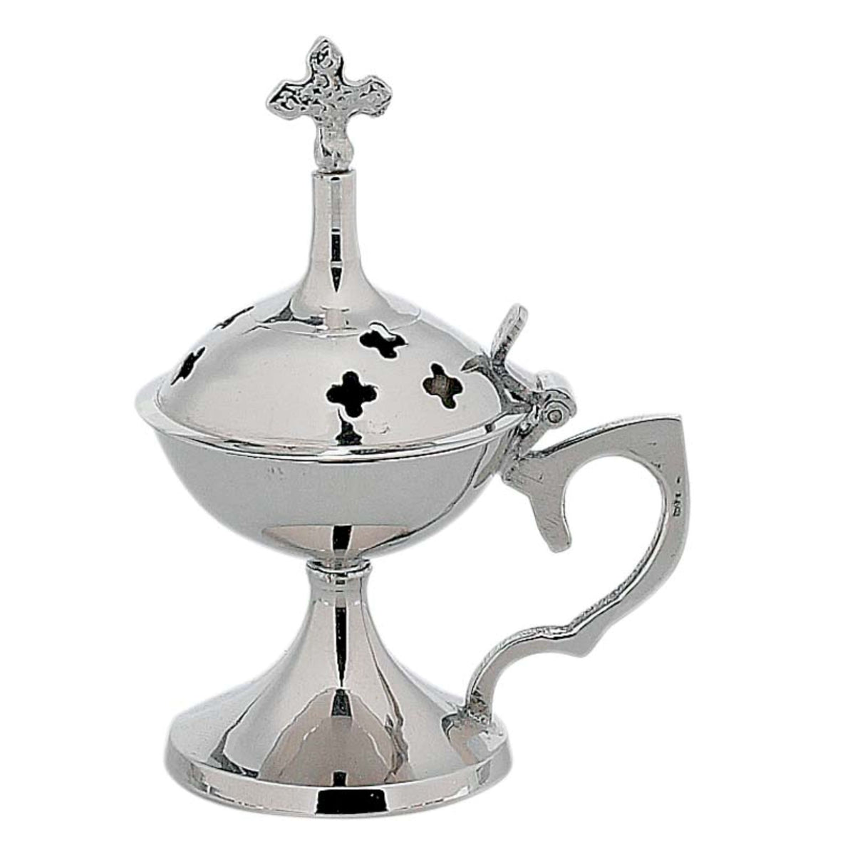 Nickel plated brass standing censer handmade orthodox burner with handle and cross lid 12cm 4.72 inches