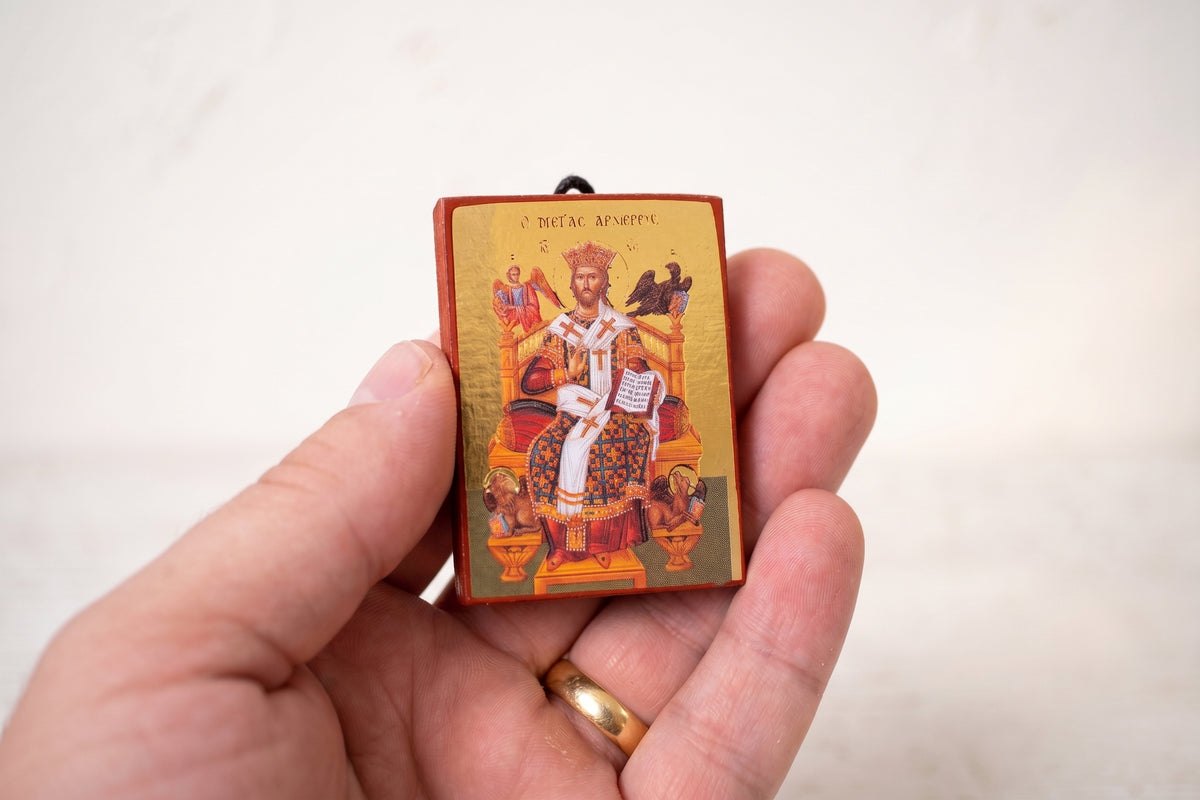 Christ the Great High Priest miniature handcrafted Byzantine wooden pocket icon with gold finish and hanging cord 4.2 x 5 cm 1.65 x 1.96 in made in Greece