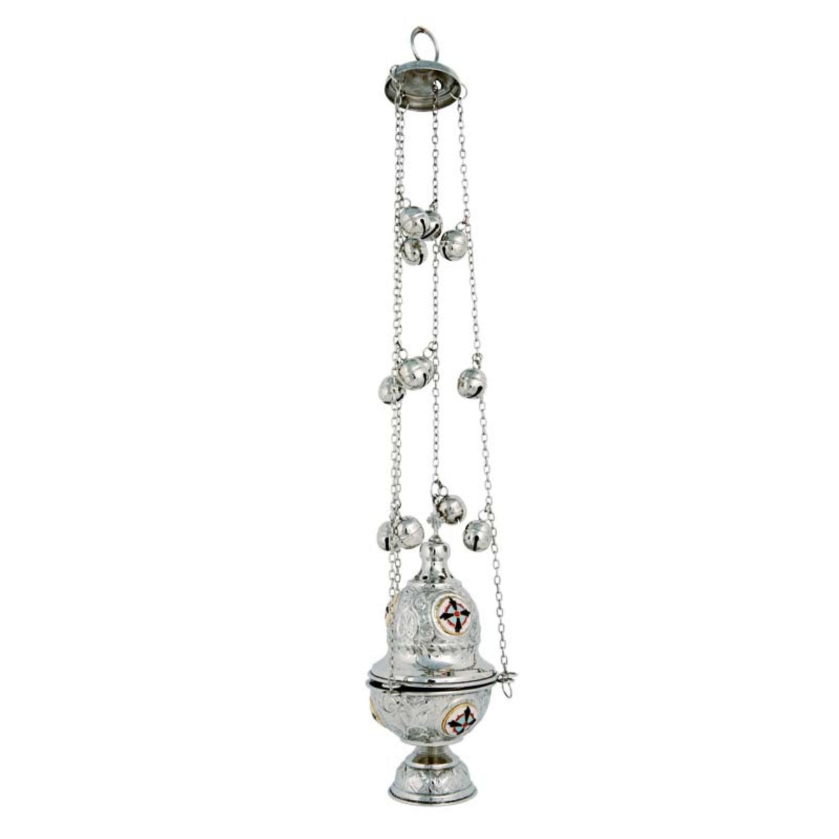 Large carved nickel plated hanging censer handmade orthodox liturgical burner with enamel cross and bells 24cm 9.45 inches