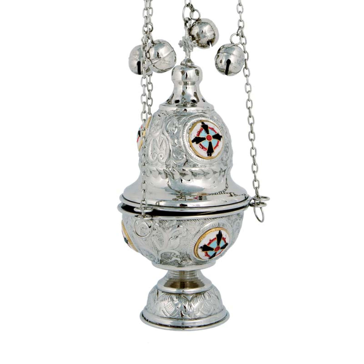 Large carved nickel plated hanging censer handmade orthodox liturgical burner with enamel cross and bells 24cm 9.45 inches
