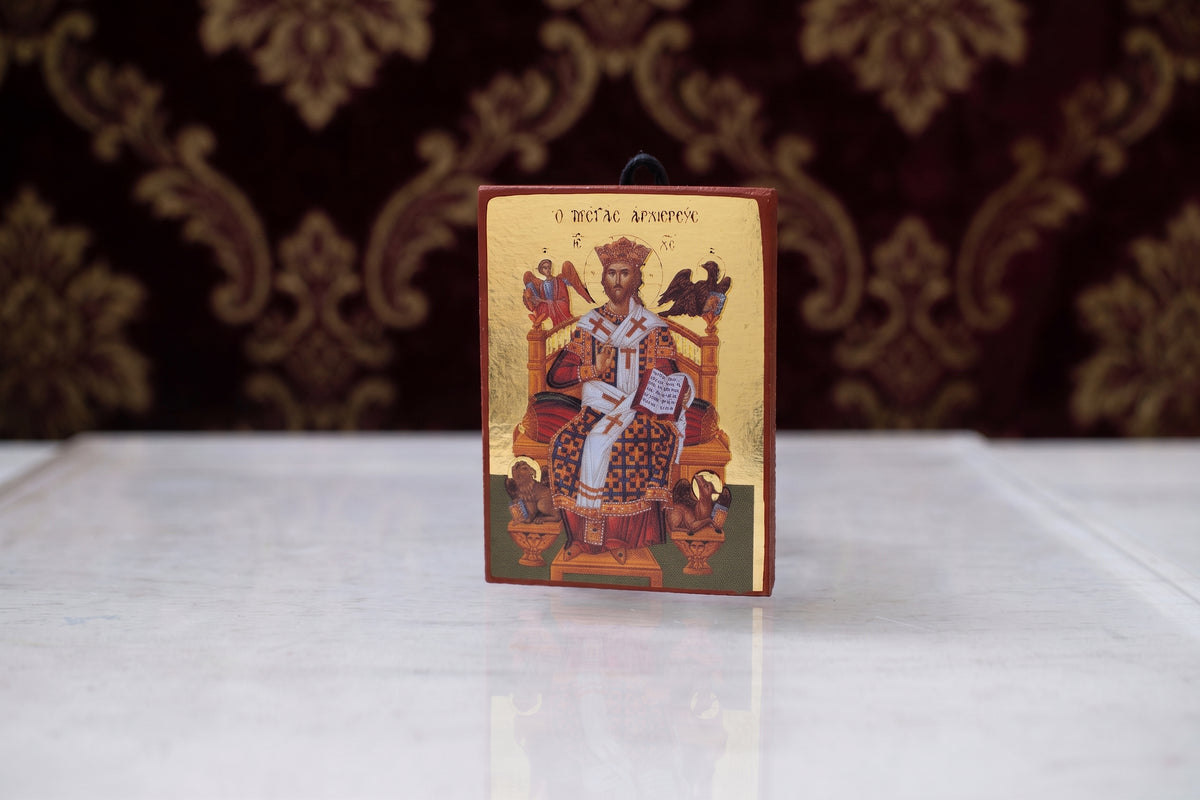 Christ the Great High Priest miniature handcrafted Byzantine wooden pocket icon with gold finish and hanging cord 4.2 x 5 cm 1.65 x 1.96 in made in Greece