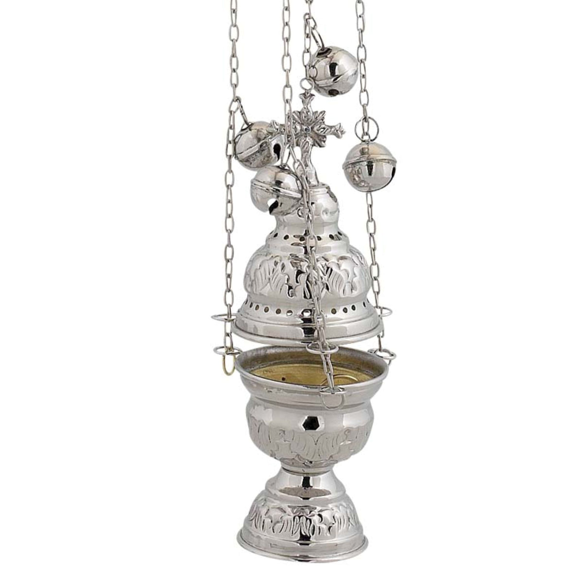 Carved nickel plated hanging censer handmade orthodox liturgical burner with bells 20cm 7.87 inches