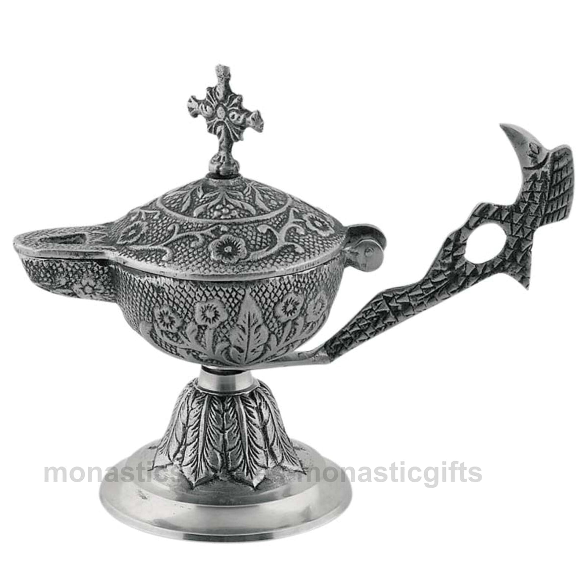 Standing solid brass incense burner censer nickel plated silver tone lamp style with Orthodox cross and eagle handle 14cm 5.5 inch