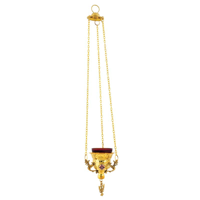Hanging Vigil Lamp Kandili Gold Plated Brass Enamel Cross Red Glass