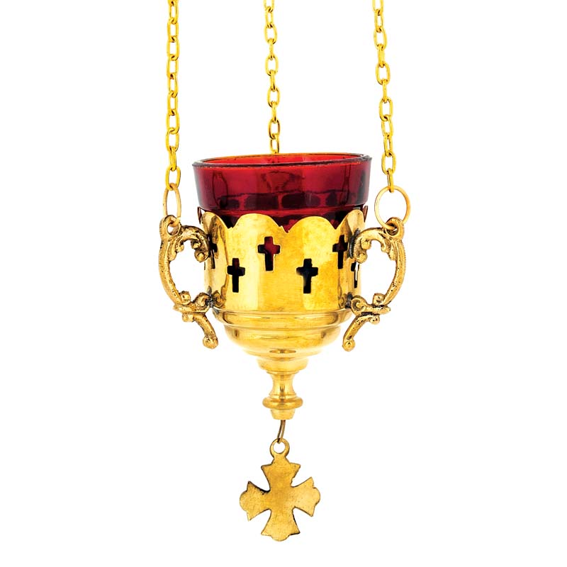 Hanging brass vigil lamp kandili gold plated with cross cutouts hanging cross pendant and red heat resistant glass cup