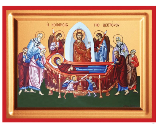 Premium horizontal gold leaf canvas icon of the Dormition of the Theotokos with a vibrant red frame.