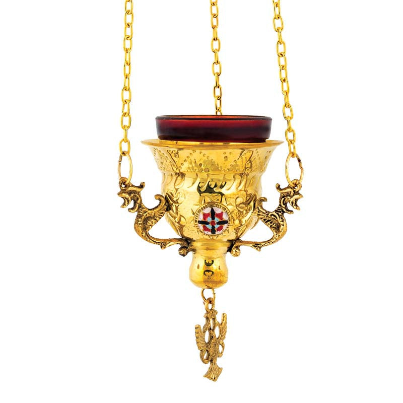 Hanging brass vigil lamp kandili gold plated with enamel cross pendant and red heat resistant glass cup