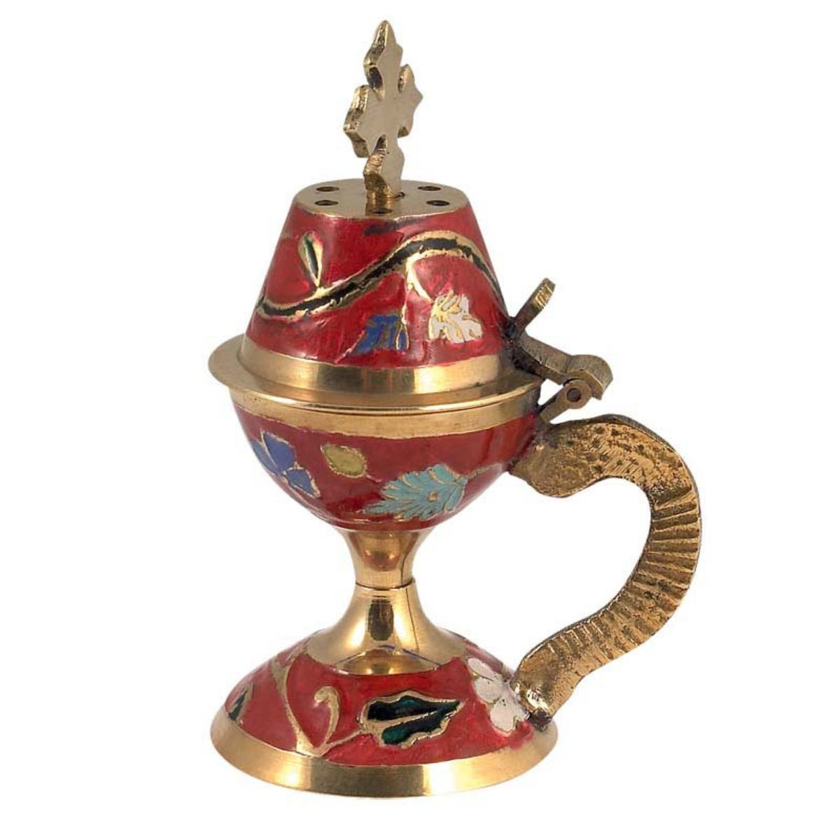 Small red enameled brass censer handmade orthodox burner with handle and cross lid 11cm 4.33 inches