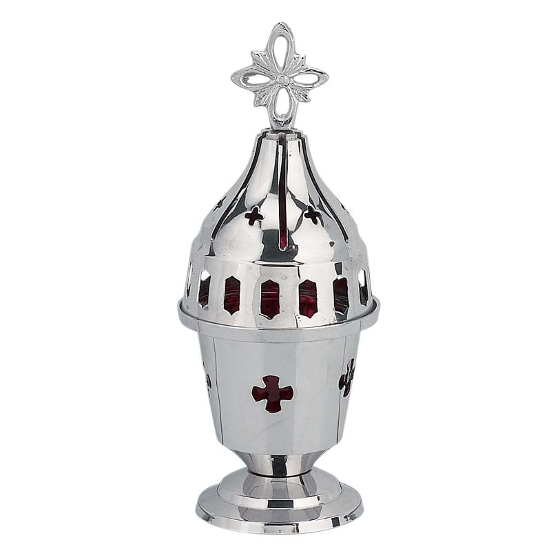 Solid brass standing vigil lamp in polished nickel plated silver tone with cross cutouts lid and red heat resistant glass cup