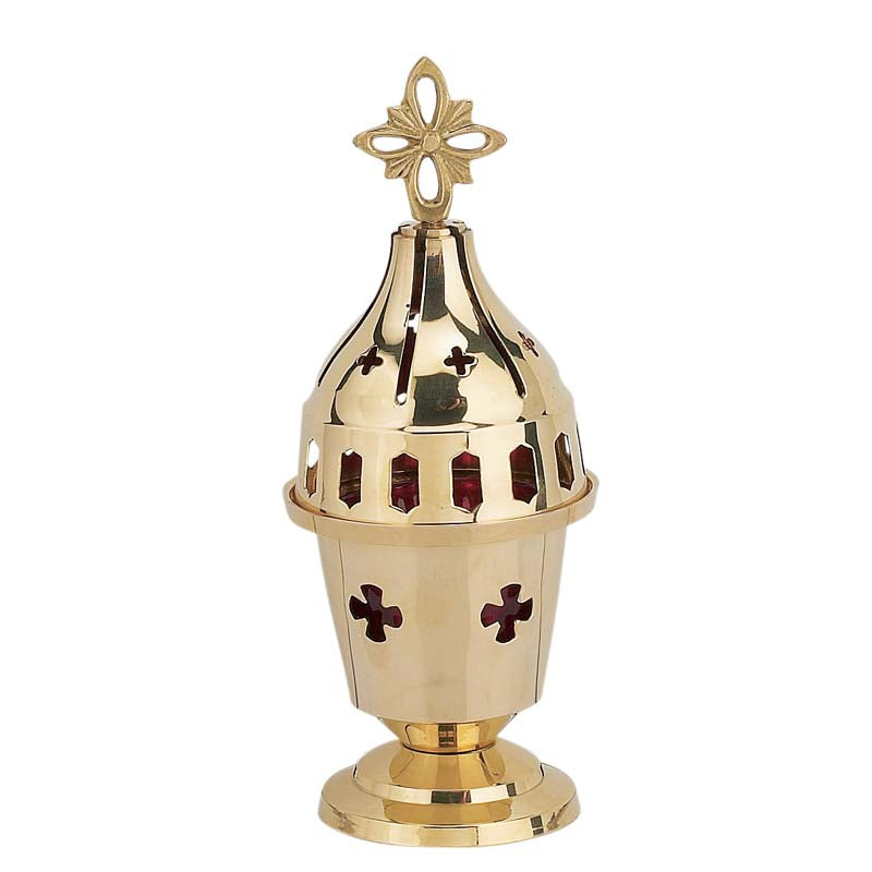 Solid brass standing vigil lamp in polished gold tone with cross cutouts lid and red heat resistant glass cup
