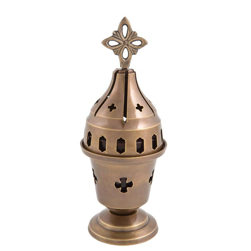 Solid brass standing vigil lamp in antique bronze patina with cross cutouts lid and red heat resistant glass cup