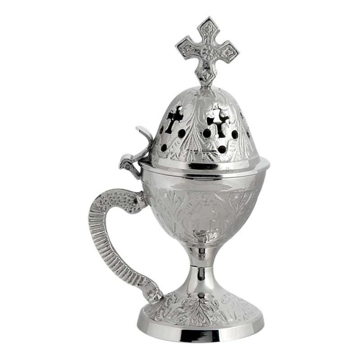 Carved nickel plated brass censer handmade orthodox burner with handle and cross lid 14cm 5.51 inches