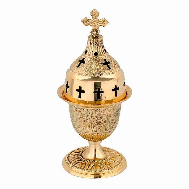Solid brass standing vigil lamp chalice design embossed patterns with cross lid and red heat resistant glass cup