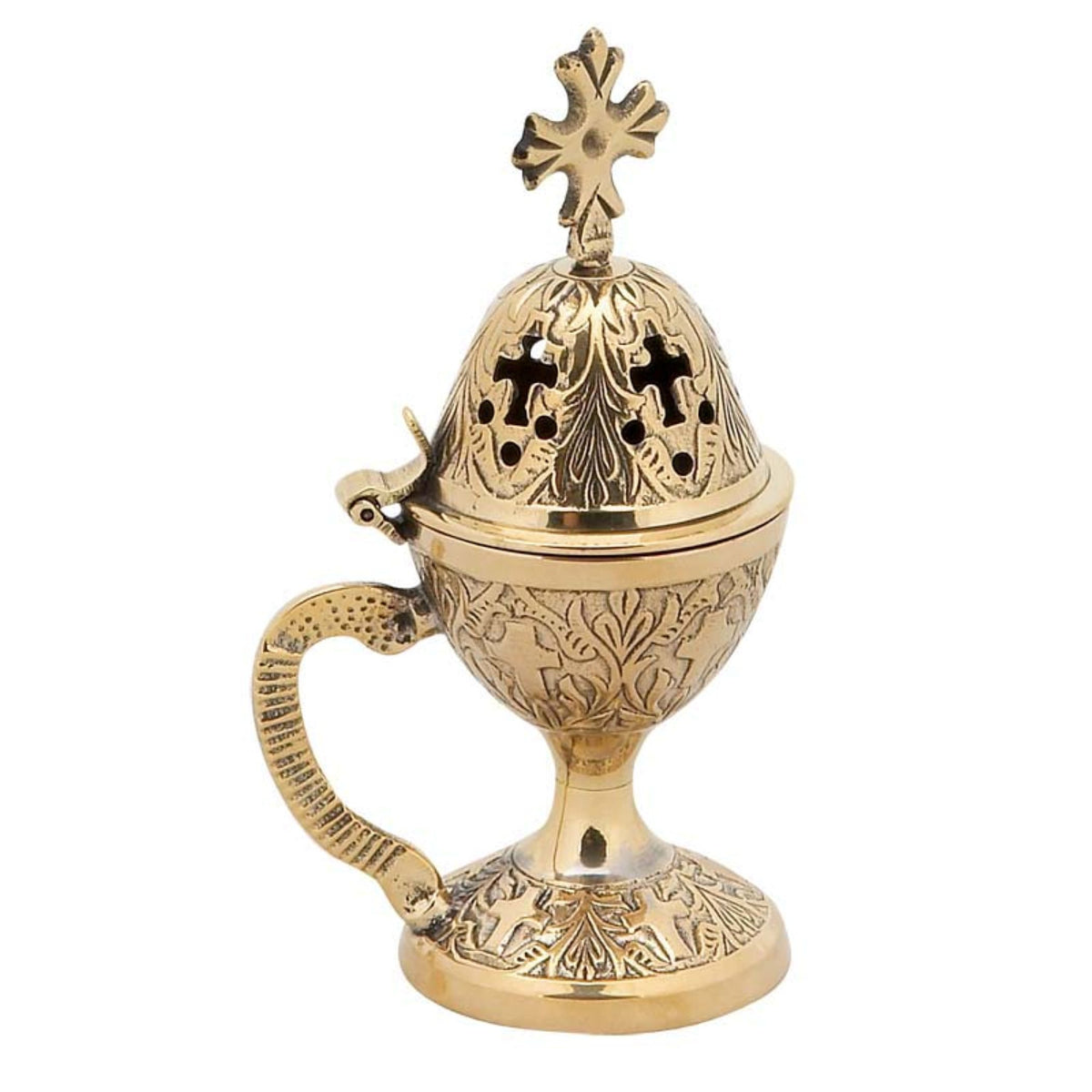 Carved brass standing censer handmade orthodox burner with handle and cross lid 14cm 5.51 inches