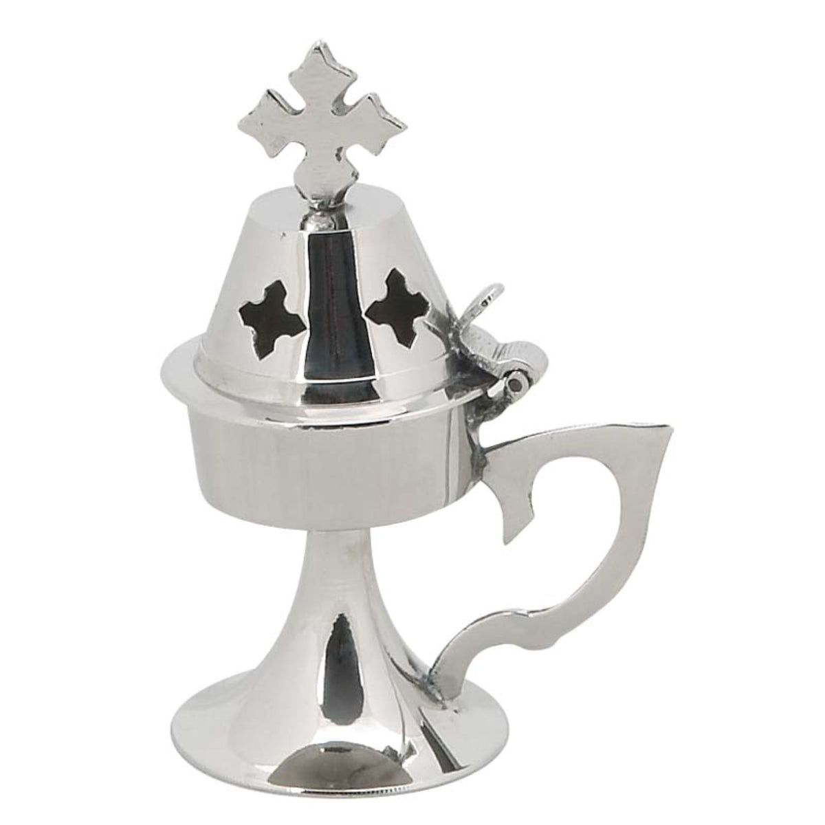 Small nickel plated brass censer handmade orthodox burner with handle and cross lid 11cm 4.33 inches