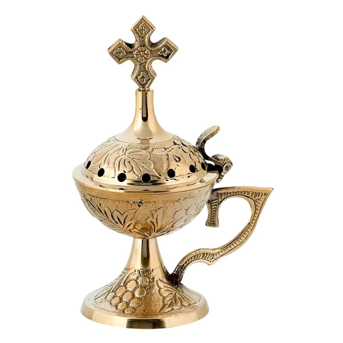 Carved brass standing censer handmade orthodox burner with handle and cross lid 13cm 5.12 inches
