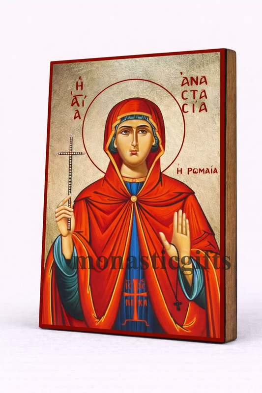Saint Anastasia Byzantine Icon – Handmade Wooden Orthodox Icon on Gold Silk Canvas, Various Sizes
