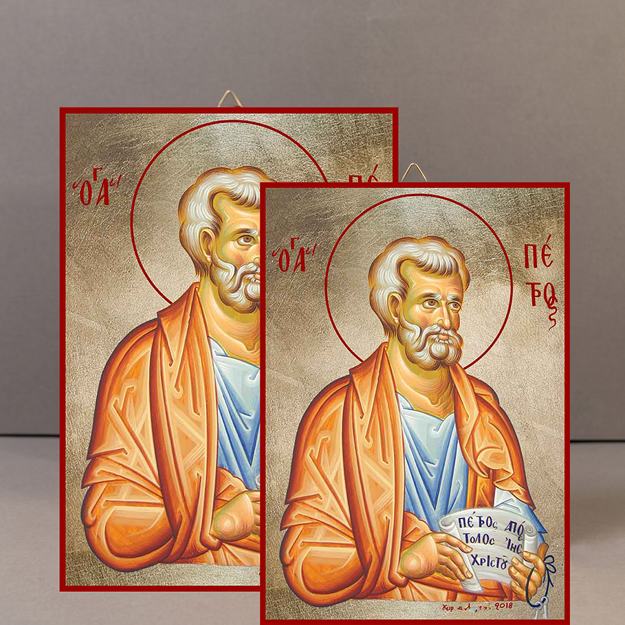 Handcrafted Orthodox gold leaf canvas icon of Saint Peter the Apostle patron of fishermen and leadership on solid wooden panel