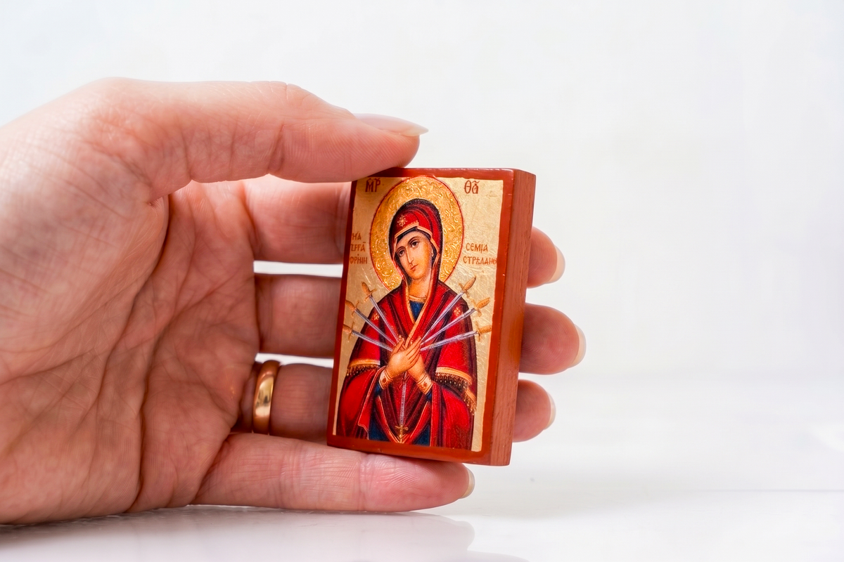 Virgin Mary Seven Sorrows miniature handcrafted Byzantine wooden pocket icon and travel companion 4.2 x 5 cm 1.65 x 1.96 in made in Greece