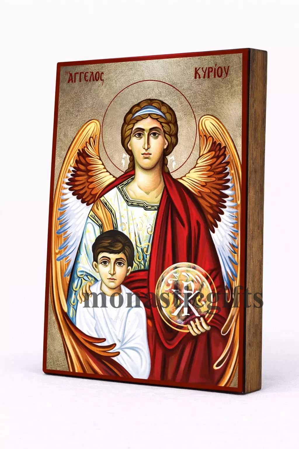Τhe Guardian Angel of the Lord Byzantine Icon – Handmade Wooden Orthodox Icon on Gold Silk Canvas, Various Sizes