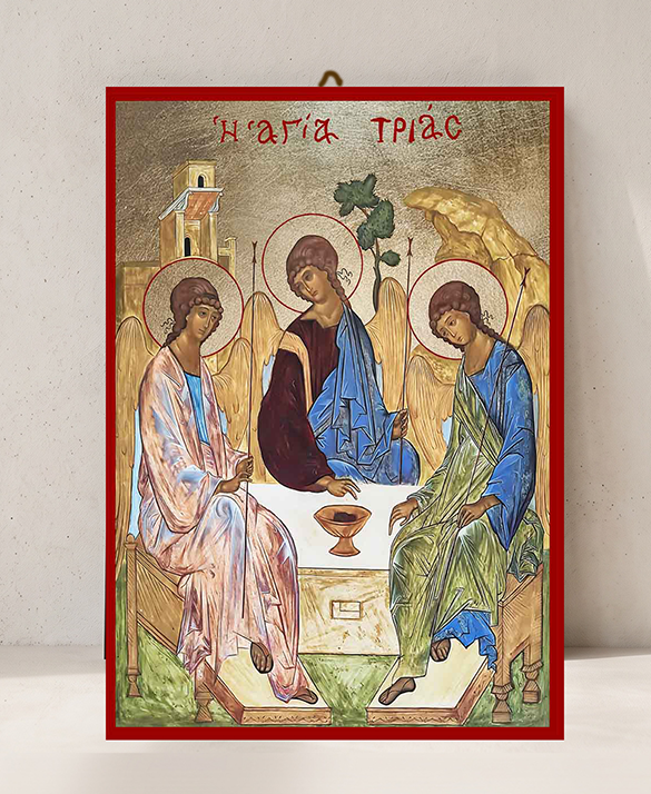 Handcrafted Orthodox gold leaf canvas icon of the Holy Trinity Hospitality of Abraham on solid wooden panel
