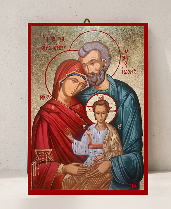 Handcrafted Orthodox gold leaf canvas icon of the Holy Family Jesus Mary and Joseph on solid wooden panel