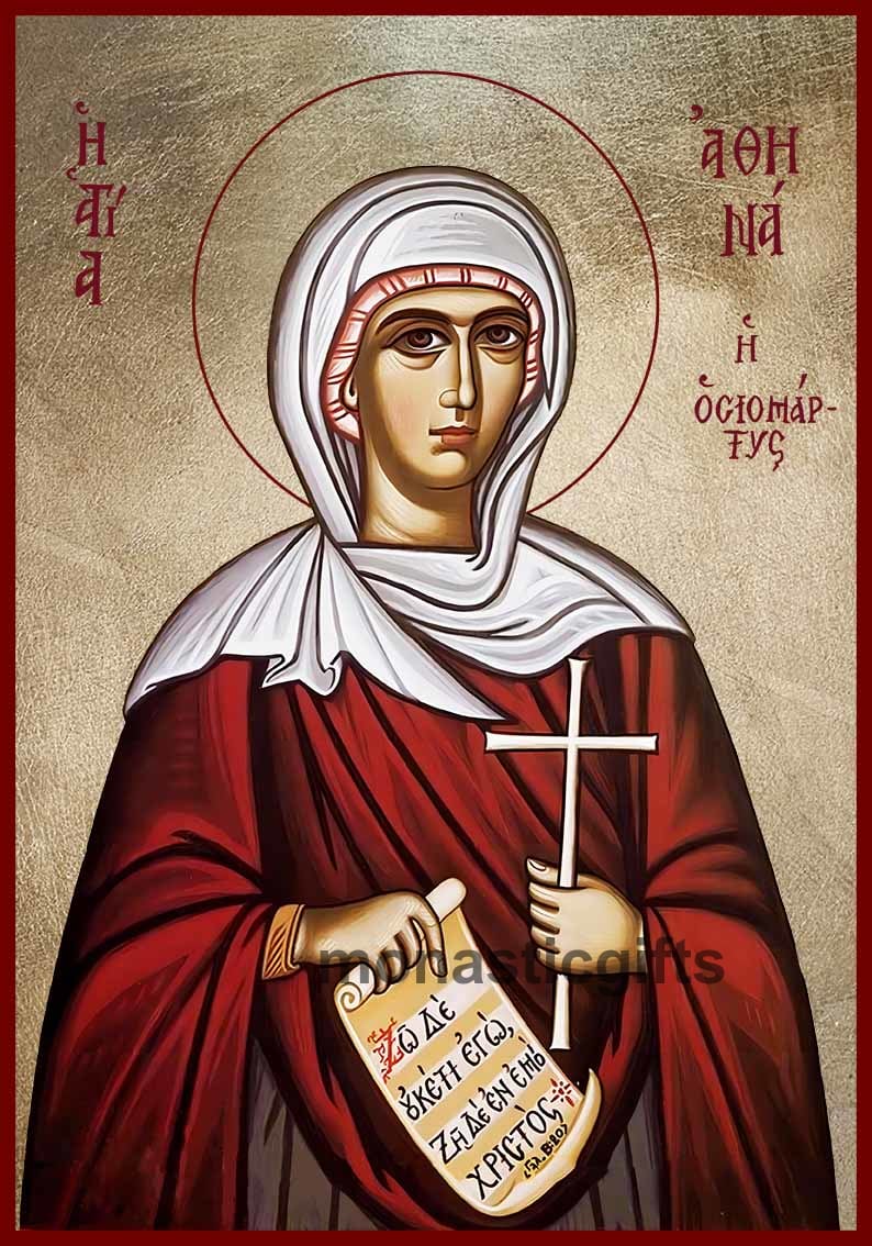 Saint Athena Byzantine Icon – Handmade Wooden Orthodox Icon on Gold Silk Canvas, Various Sizes