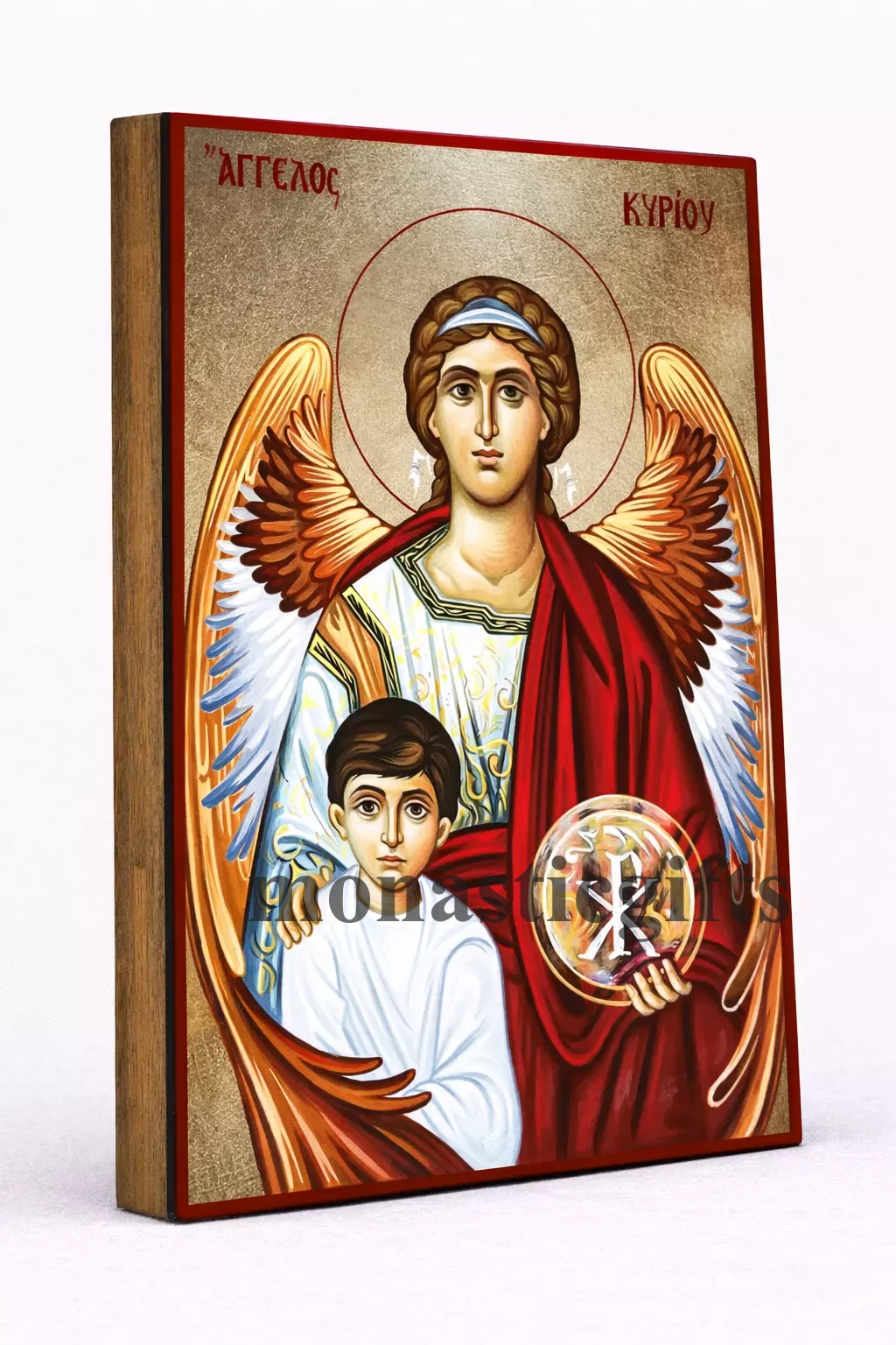 Τhe Guardian Angel of the Lord Byzantine Icon – Handmade Wooden Orthodox Icon on Gold Silk Canvas, Various Sizes