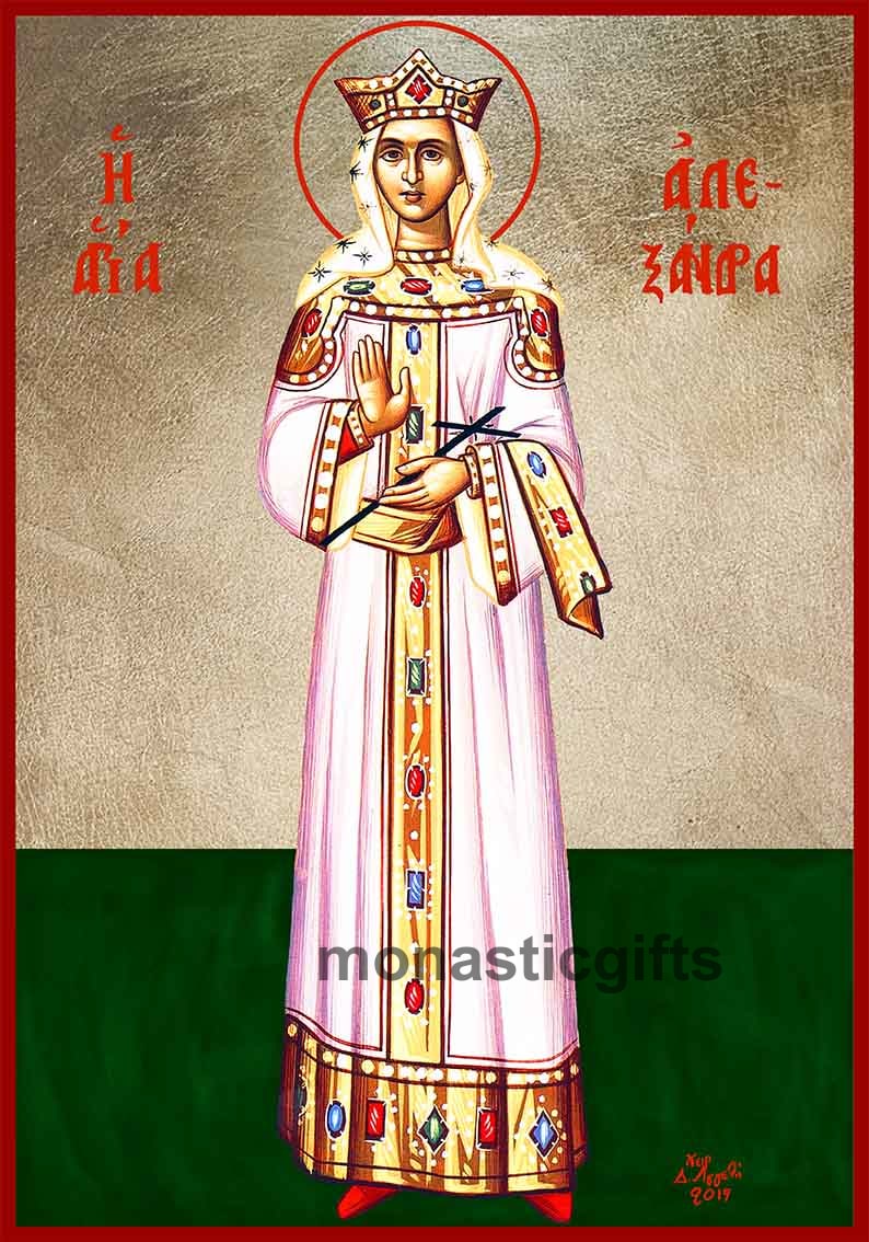 Saint Alexandra  Byzantine Icon – Handmade Wooden Orthodox Icon on Gold Silk Canvas, Various Sizes