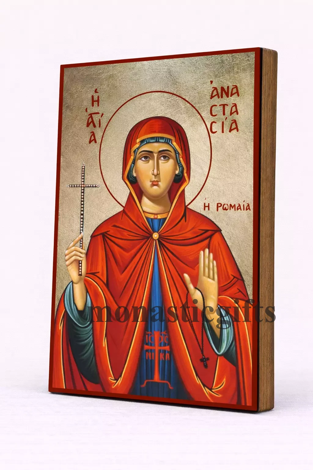 Saint Anastasia Byzantine Icon – Handmade Wooden Orthodox Icon on Gold Silk Canvas, Various Sizes
