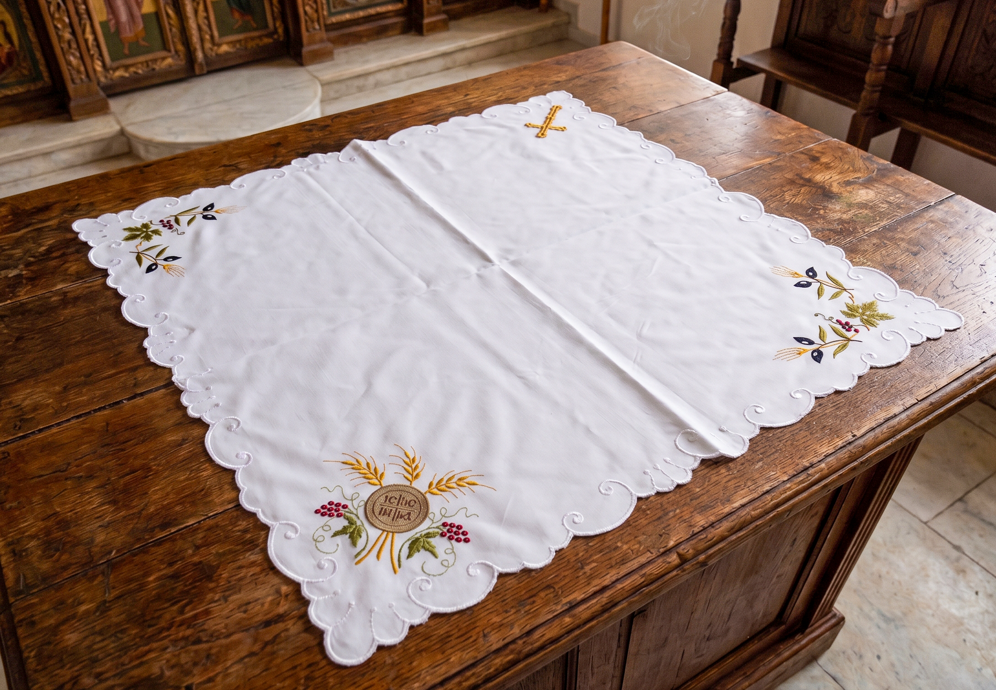Handcrafted square linen Artoklasia basket cover cloth with embroidered crosses and scalloped cutwork edge 90x90 cm (35.43x35.43 in) made in Greece (1 piece)
