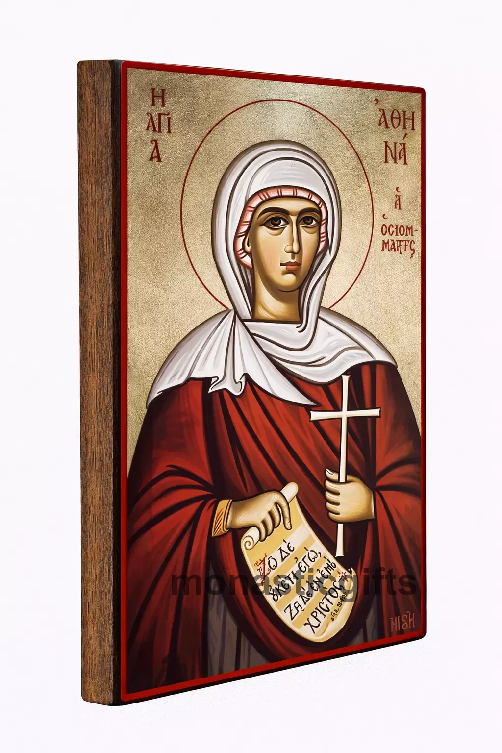 Saint Athena Byzantine Icon – Handmade Wooden Orthodox Icon on Gold Silk Canvas, Various Sizes