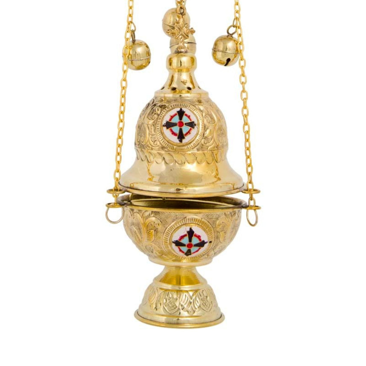 Carved brass hanging censer handmade orthodox liturgical burner with enamel cross and bells 24cm 9.45 inches