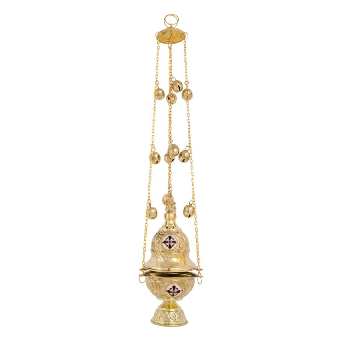 Carved brass hanging censer handmade orthodox liturgical burner with enamel cross and bells 24cm 9.45 inches