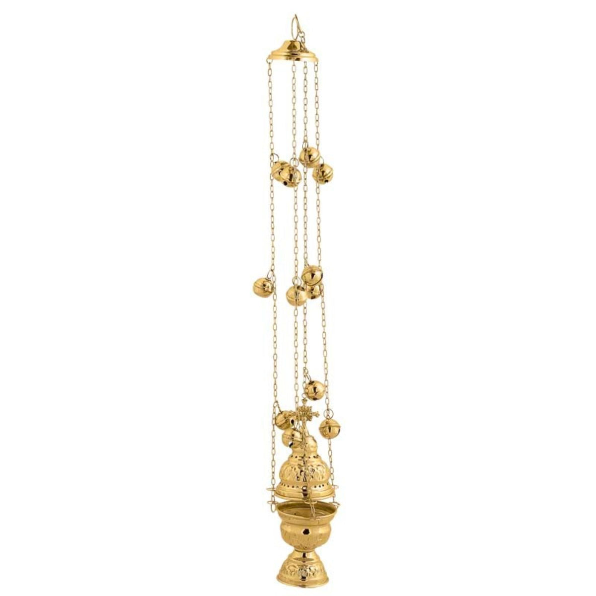 Large carved brass hanging censer handmade orthodox liturgical burner with bells 24cm 9.45 inches