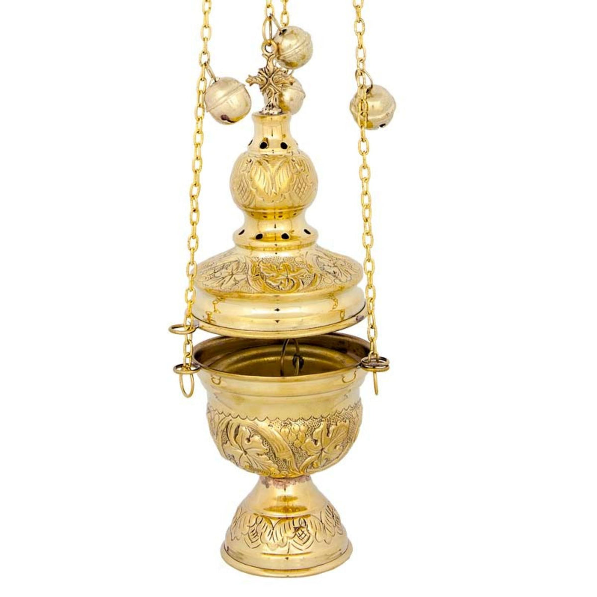 Mini carved brass hanging censer handmade orthodox liturgical burner with bells 20cm 7.87 inches