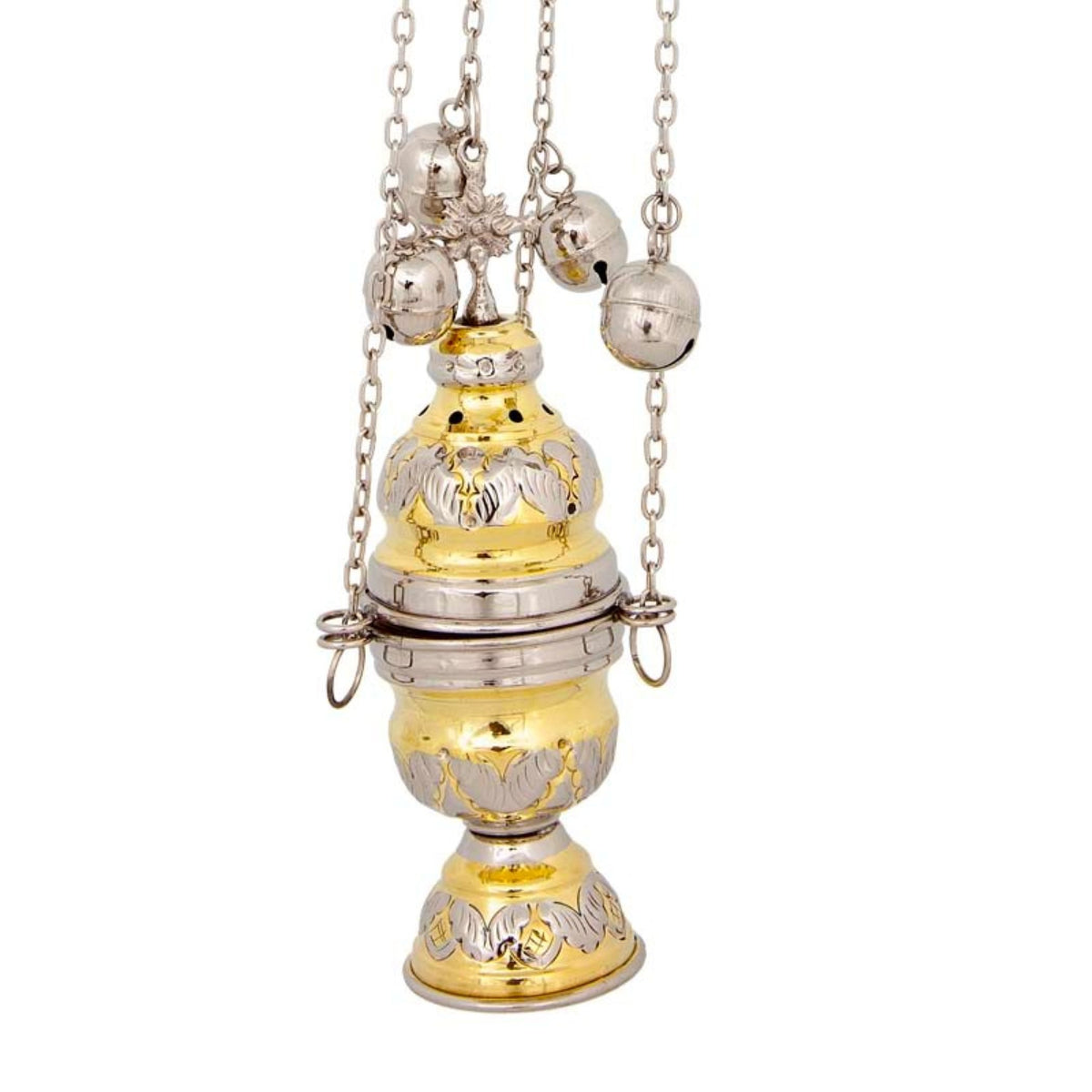Two tone carved brass hanging censer handmade orthodox liturgical burner with bells 20cm 7.87 inches