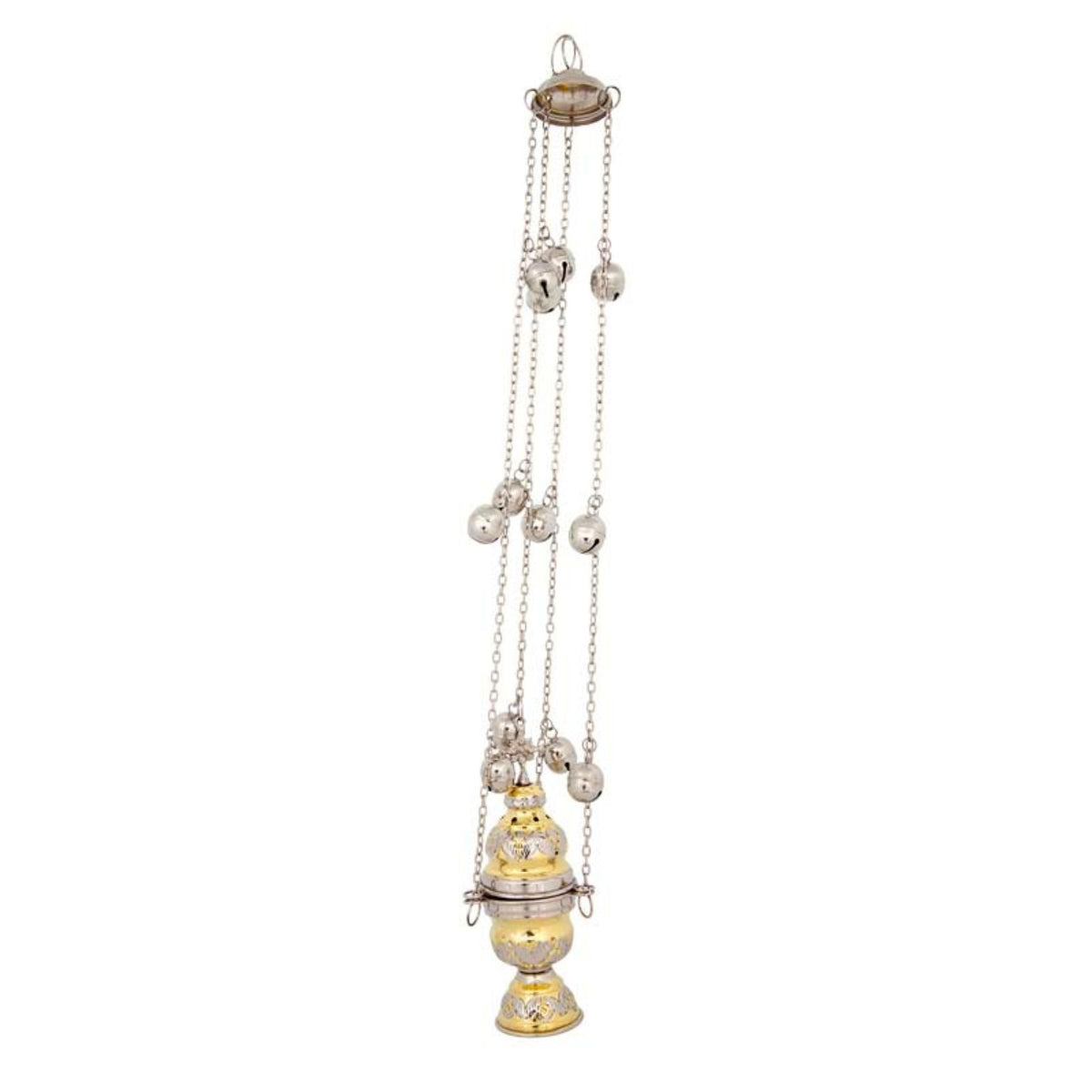Two tone carved brass hanging censer handmade orthodox liturgical burner with bells 20cm 7.87 inches