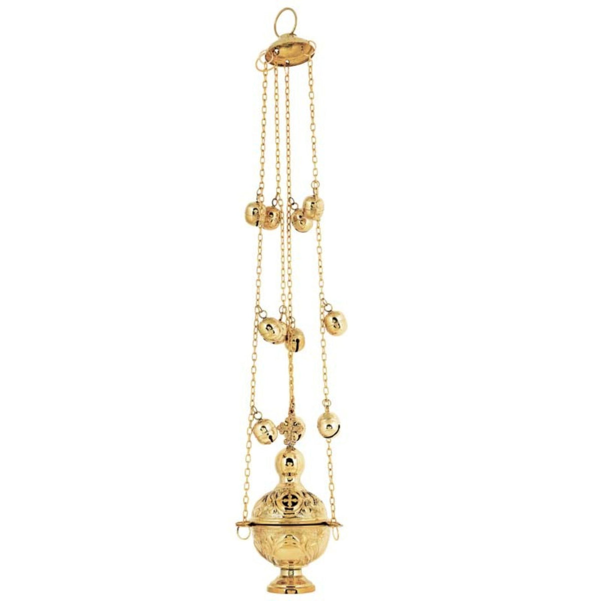 Carved brass hanging censer handmade orthodox liturgical burner with bells 18cm 7.09 inches