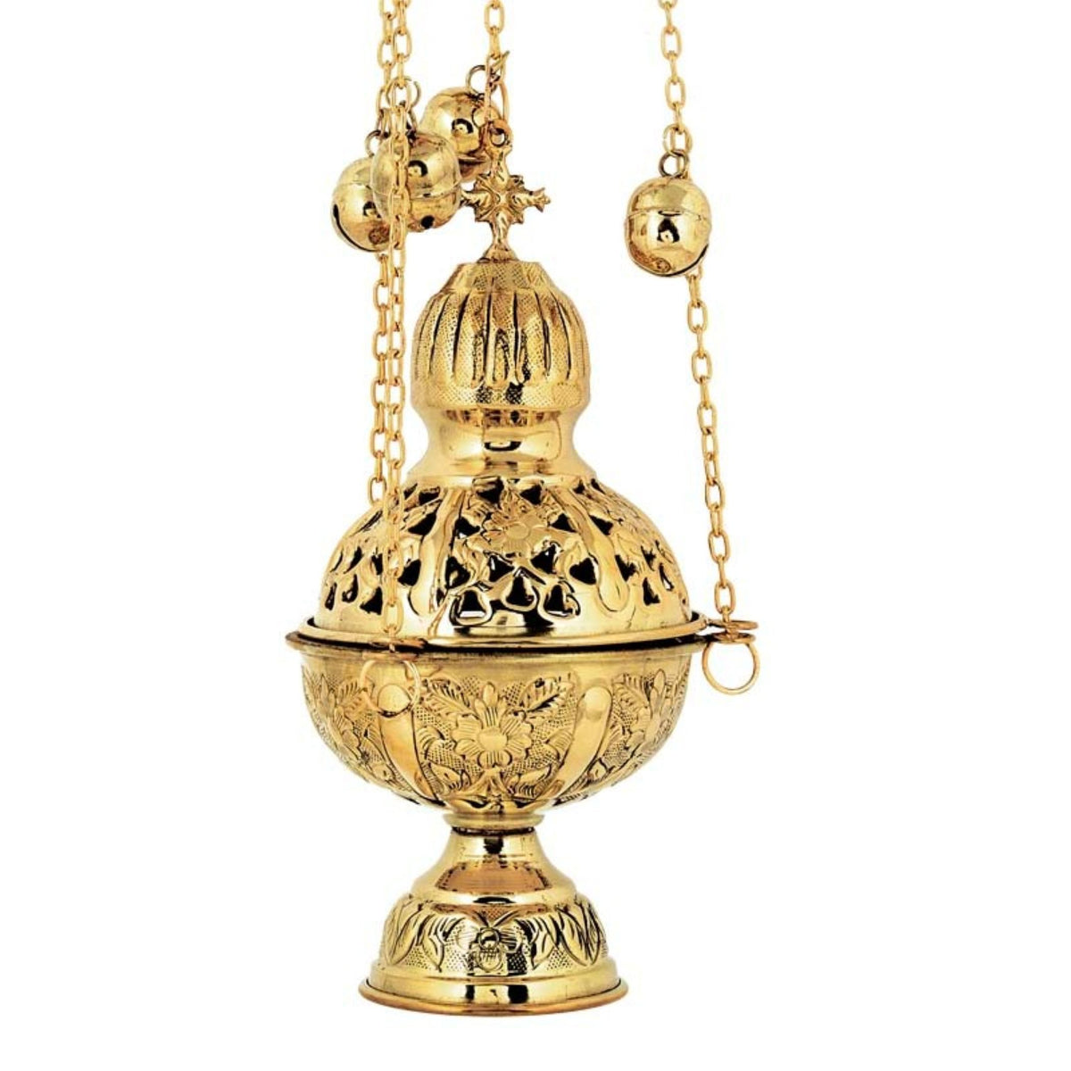 Carved brass hanging censer handmade orthodox liturgical burner with bells 23cm 9.06 inches