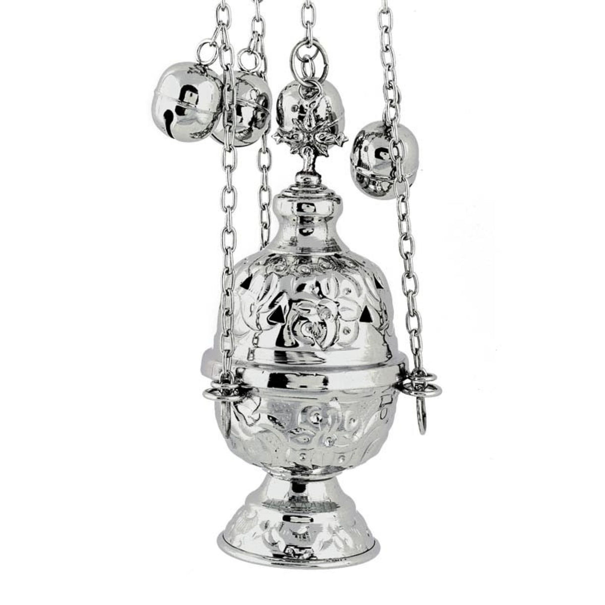 Carved nickel plated hanging censer handmade orthodox liturgical burner with bells 15cm 5.91 inches