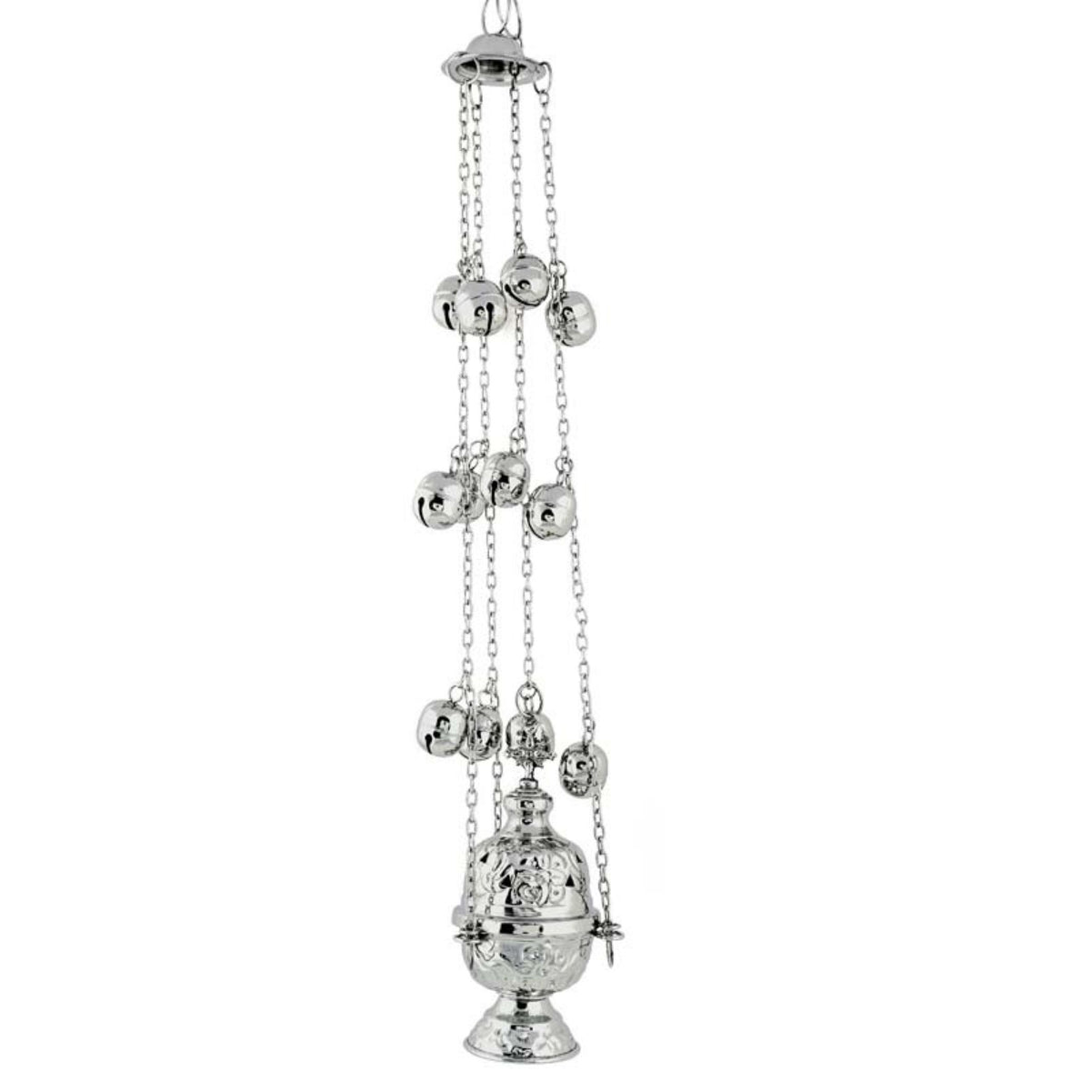 Carved nickel plated hanging censer handmade orthodox liturgical burner with bells 15cm 5.91 inches