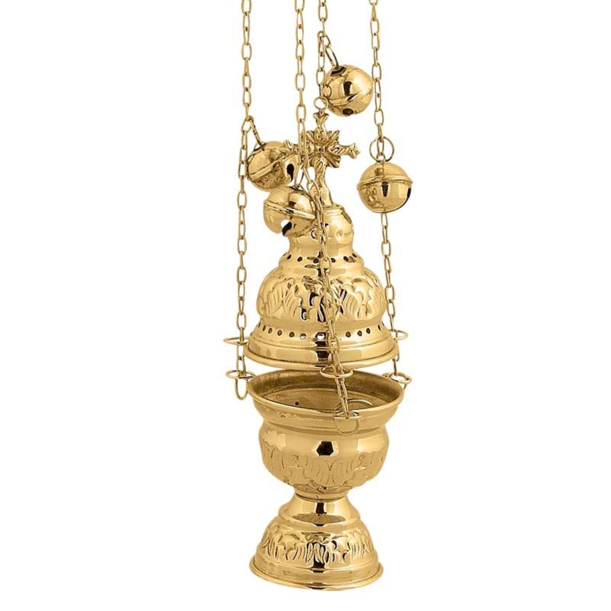 Large carved brass hanging censer handmade orthodox liturgical burner with bells 24cm 9.45 inches