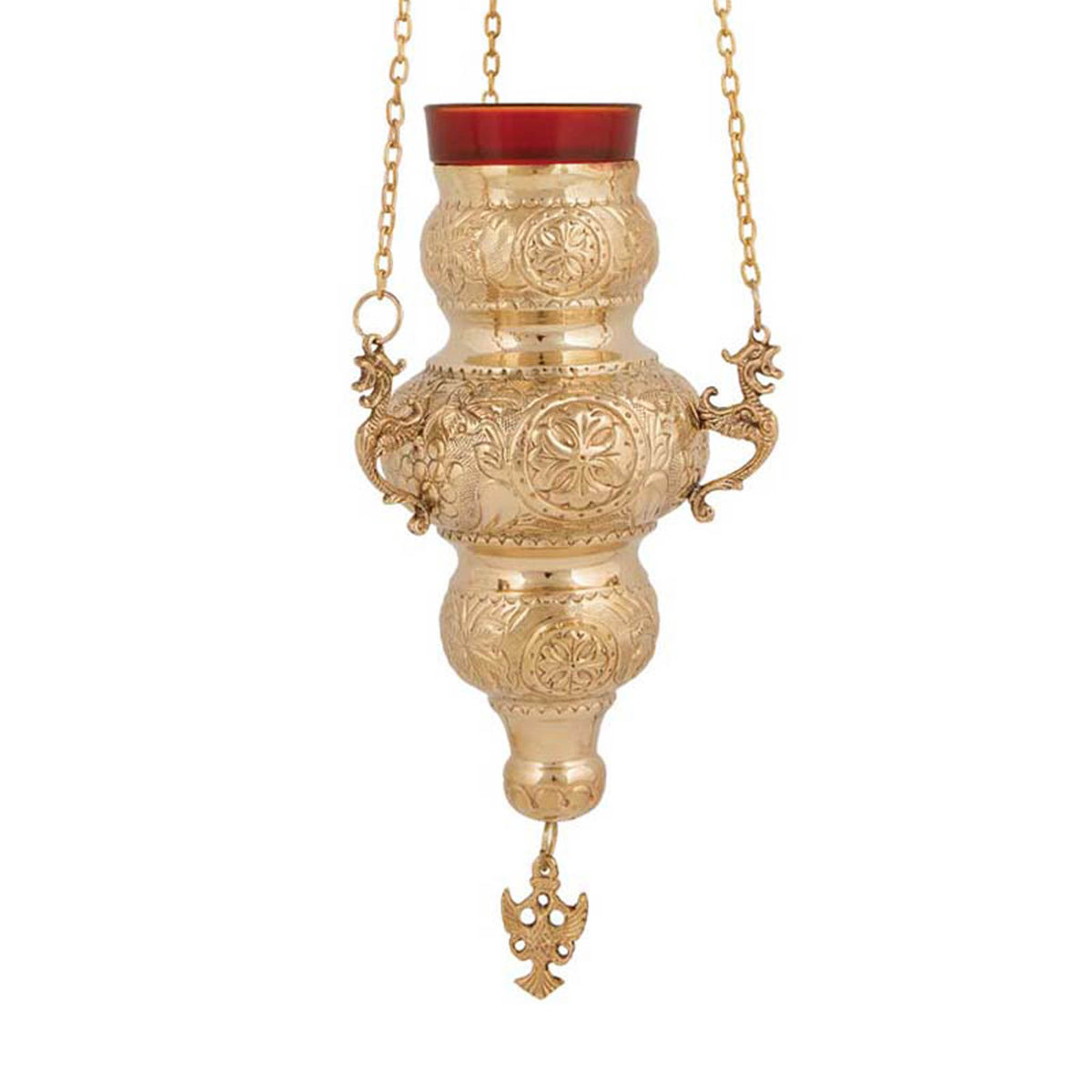 Hanging solid brass vigil lamp kandili Corfu style gold tone with eagle pendant and red heat resistant glass cup