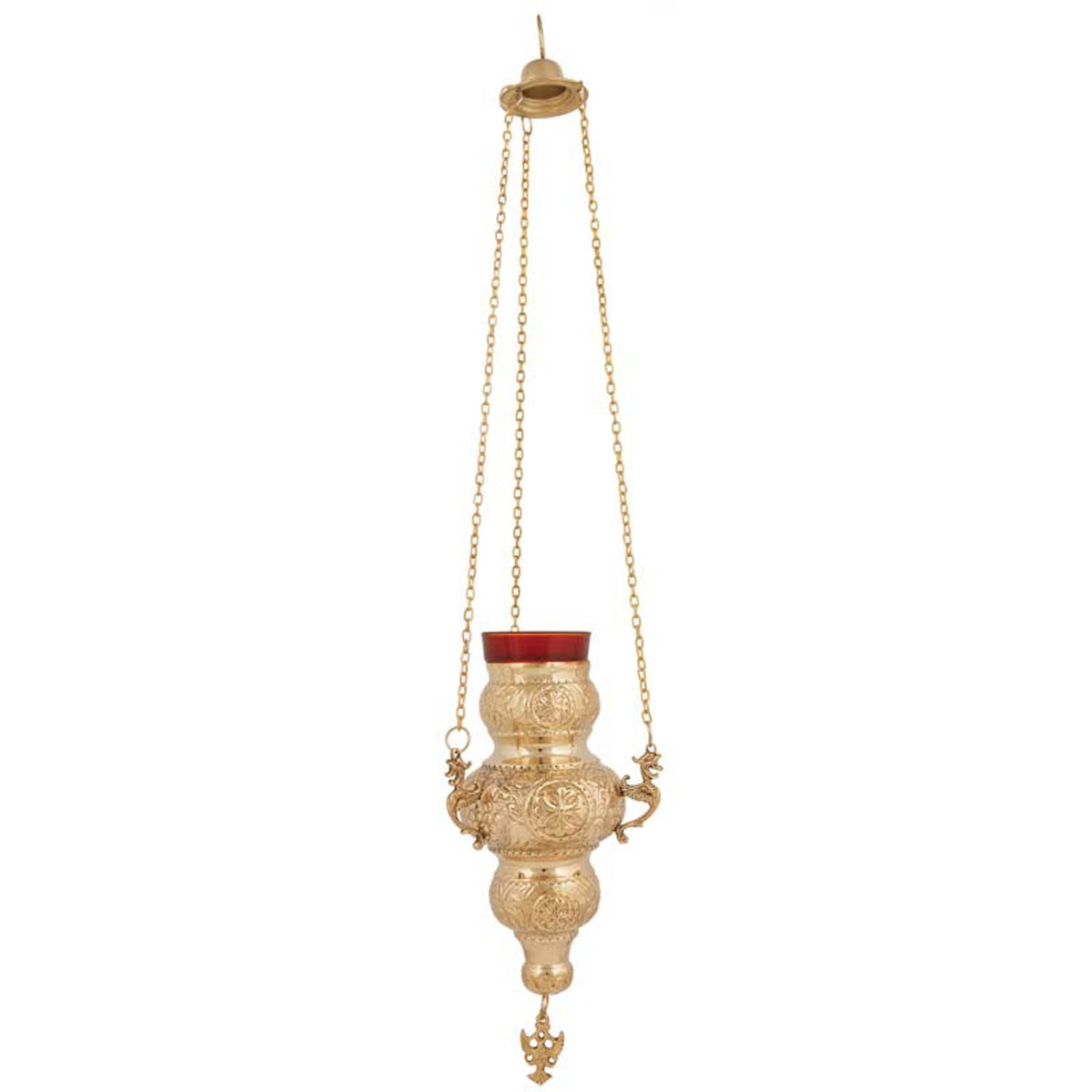Hanging solid brass vigil lamp kandili Corfu style gold tone with eagle pendant and red heat resistant glass cup