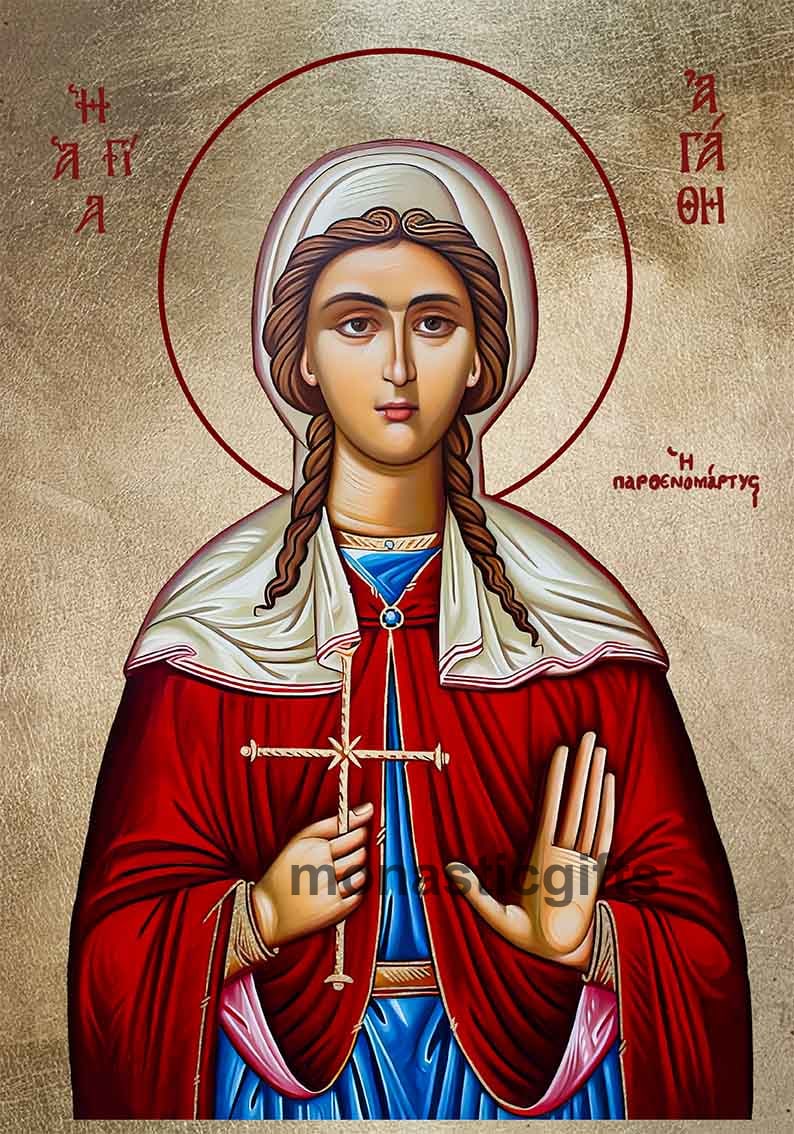 Saint Agatha, Virgin Martyr  Byzantine Icon – Handmade Wooden Orthodox Icon on Gold Silk Canvas, Various Sizes